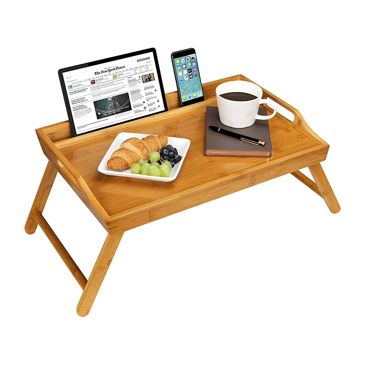 Tabela de alimentos dobrável de bambu Laptop Cama Ajustável Bandeja para café da manhã com as pernas e suporte por telefone