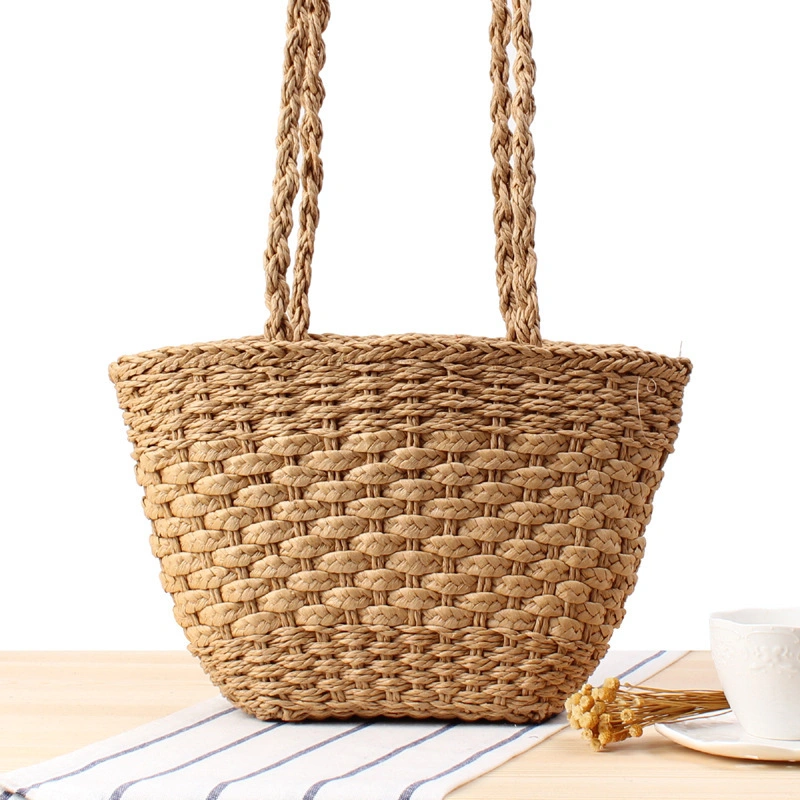 Pure Color Simple Straw Woven Bag European and American Style Retro Woven Shoulder Bag Fashion Silk Scarf Paper Rope Casual Bag