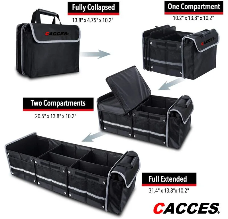 Cacces Car Boot Organiser, Car Boot Tidy, Car Boot Storage, Collapsible Multi 3 Compartment Car Organiser, Non Slip Bottom Adjustable Securing Strap, Ice Cooler