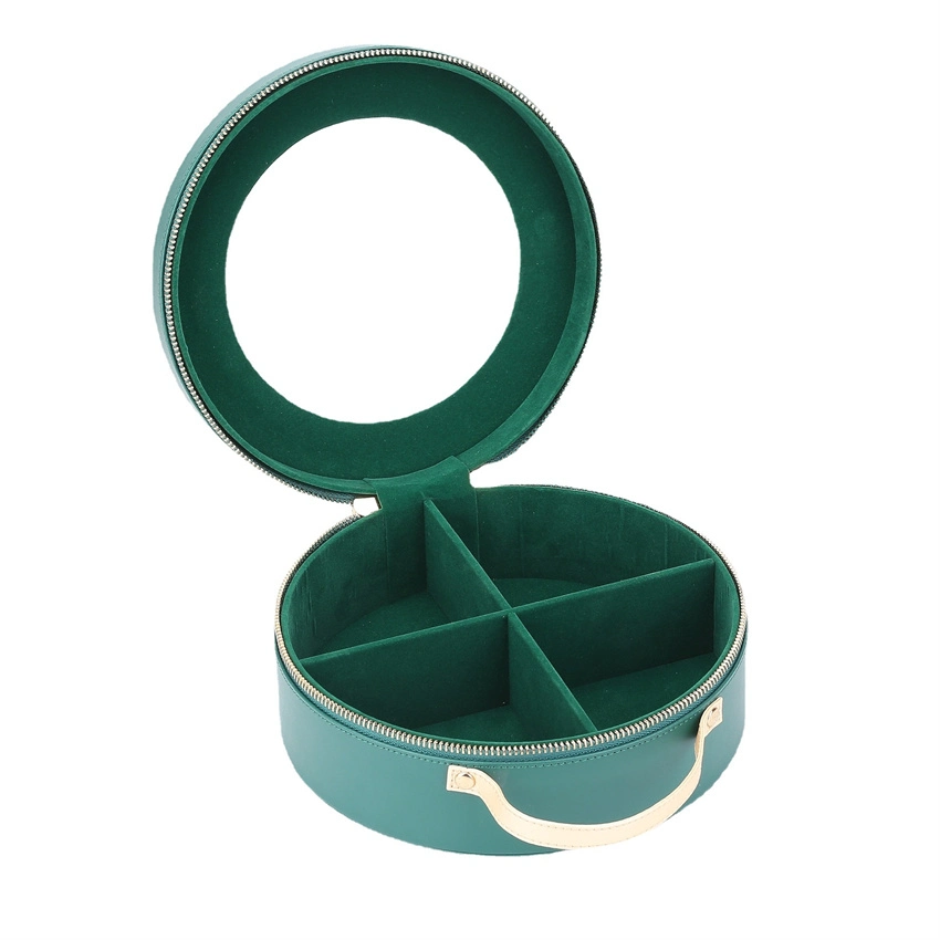 Wholesale/Supplier Custom Logo Green Round Jewelry Leather Box with PU Carrying Handle Lid PVC Window Inside 4 Compartments Flat Divided