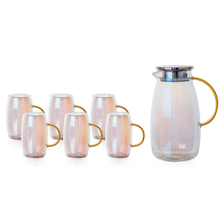 High Borosilicate Tea Glass 7PCS Stainless Steel Cover Pot Mugs Water Set