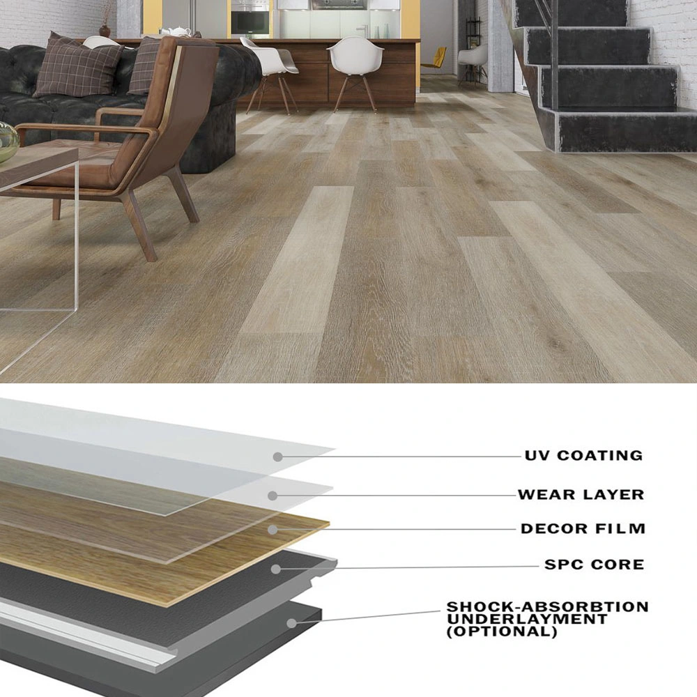 Matériau de construction étanche 4mm Click Lock Carrelage en chêne en chevron en bois composite HDF Revêtement de sol en PVC en plastique Plancher en vinyle Spc pour hôtel, salle de danse.