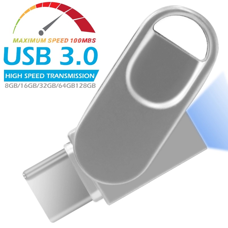 Clé USB pivotante métallique multicolore Type-C vers USB 3.0 pour ordinateur et téléphone portable.