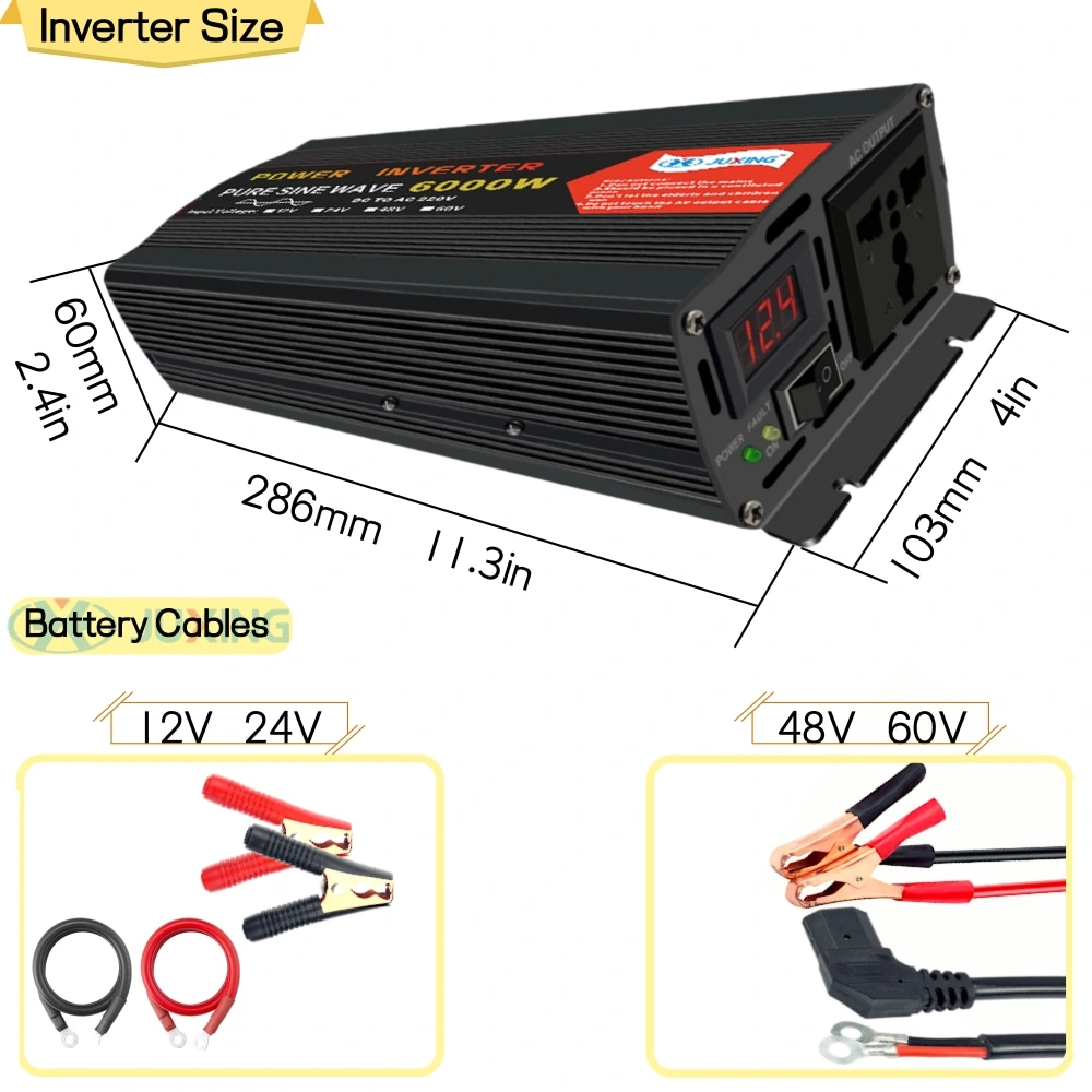 6000W Power Inverter DC 12V/24V/48V/60V to AC 220V Pure Sine Wave Voltage Converter Built in Transformer