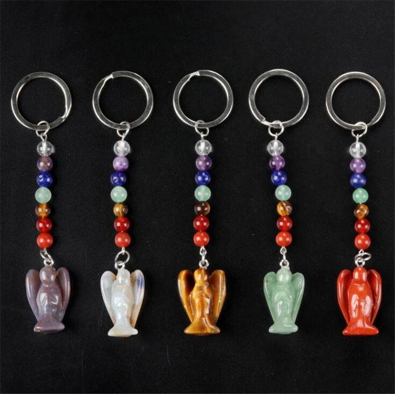 Healing Crystal Rose Quartz Amethyst Green Aventurine Carved Guardian Angel Chakra Beaded Gemstone Keychain