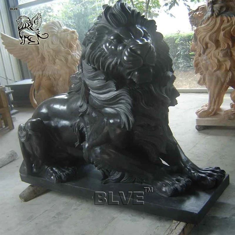 Blve Outdoor Natural Stone Garden Life Size Animal Sculpture Black Marble Lying Lion Statues