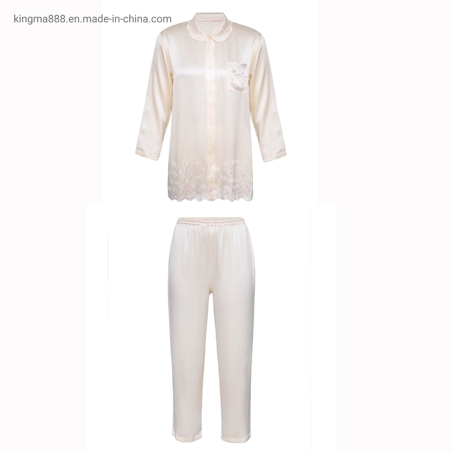 Sleepwear Embroider Silk Luxury Designer Two Piece Pajamas for Women