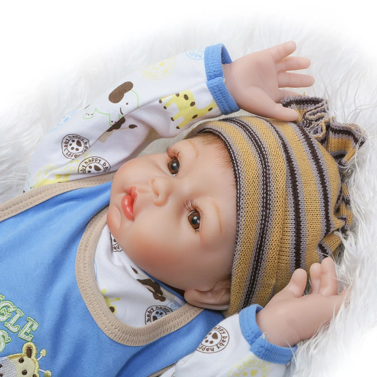 Reborn Baby Doll Soft Silicone Vinyl Baby Boy 22inch 55cm Mouth Cute Boy Wearing Toy Blue Cute Doll Gift Set for Ages 3+