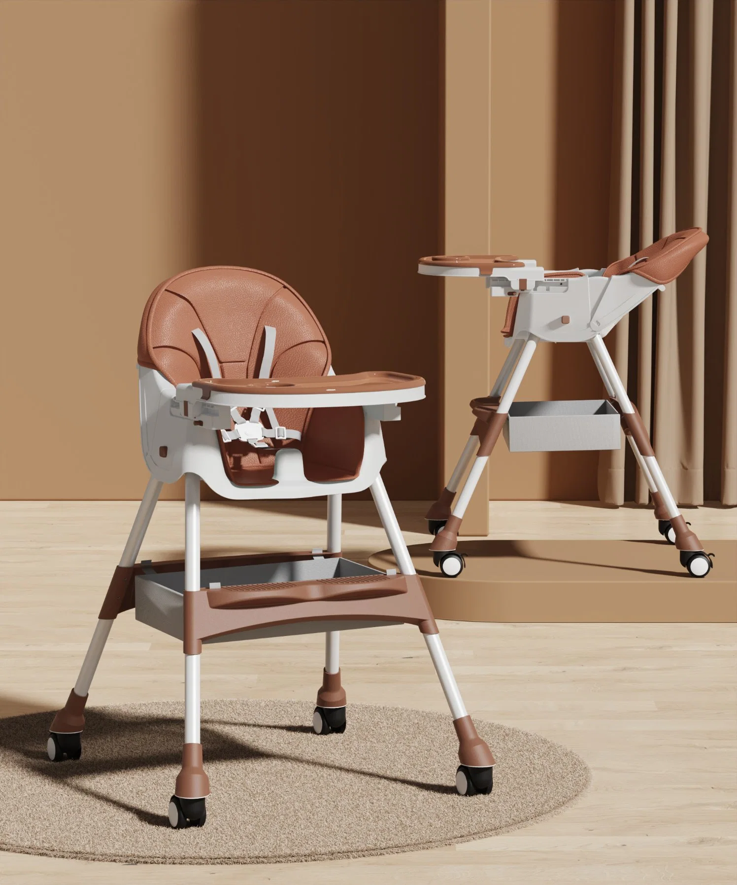 Baby Home Dining Chair/Multi Range Adjustment/PU Cushion/Silent Brake Wheels/Portable Children's Dining Chair