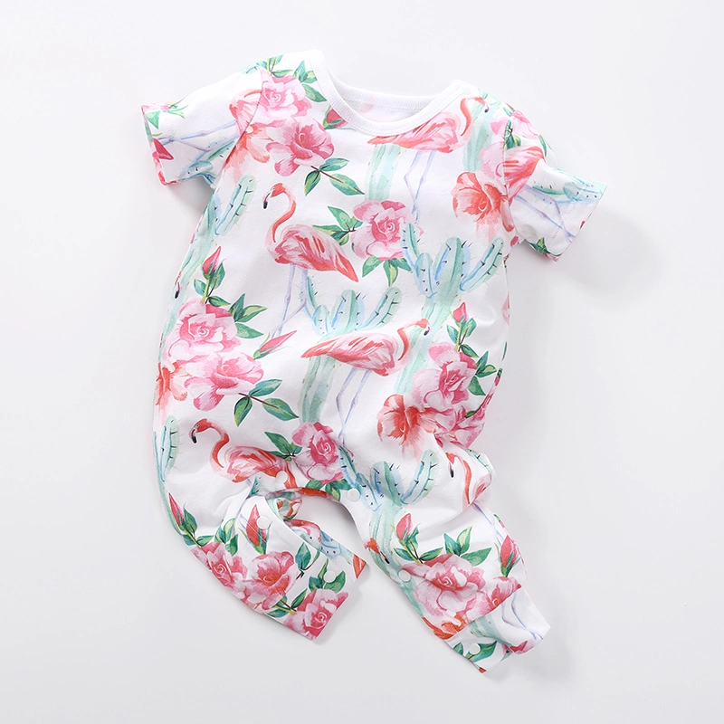 Girl 's Summer Romper Short-Sleeved Baby Clothing 100% Cotton Flamingo Pattern Clothes