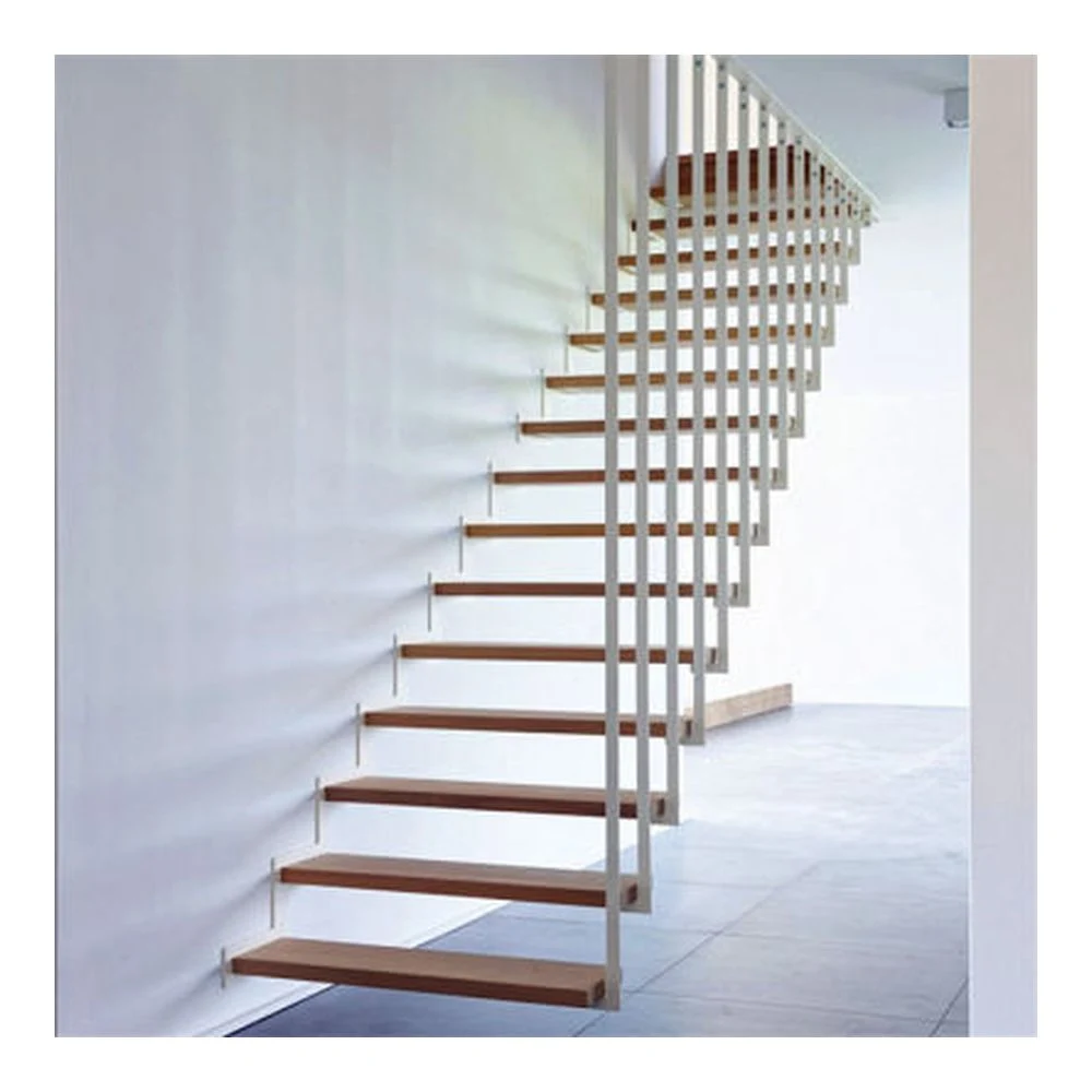 Floating Staircase Modern Design Indoor Straight Glass Railing LED Staircase Solid Wood Treads Floating Steel Wood Stairs