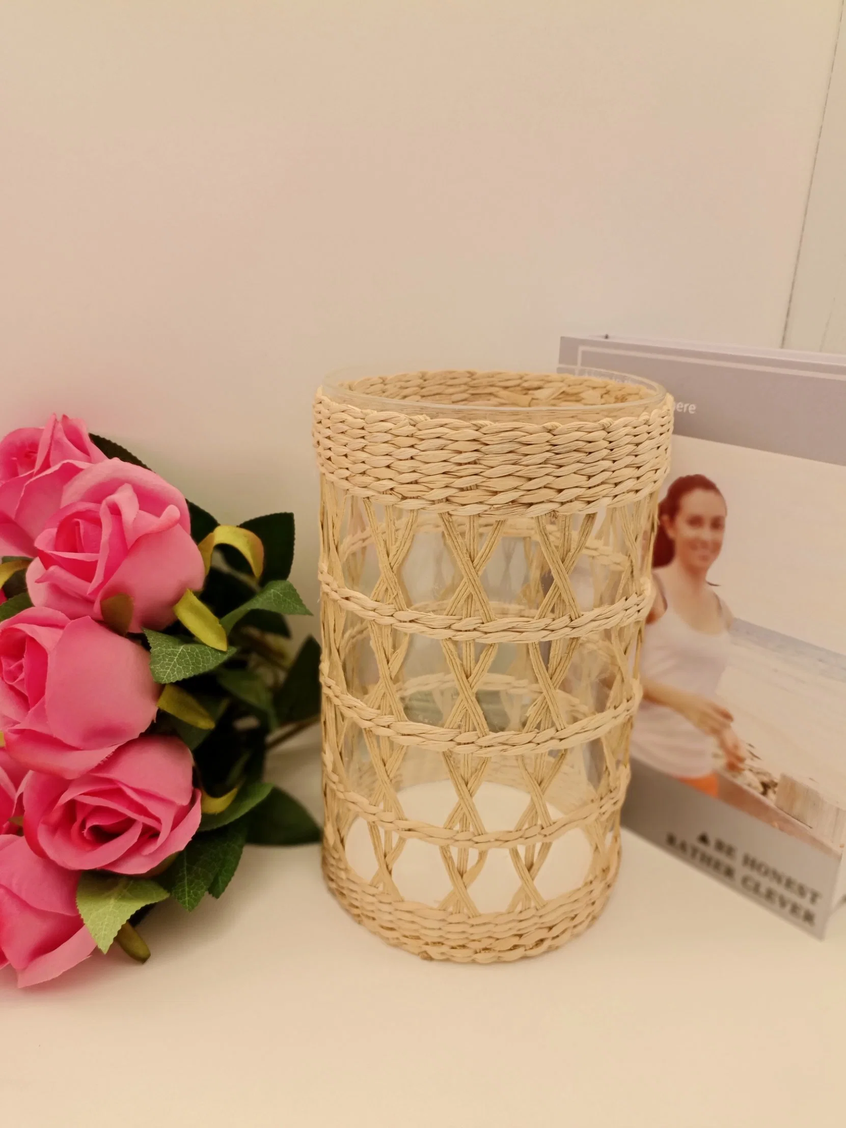 Straw Braided Glass Votive Candle Holder in Two Sizes