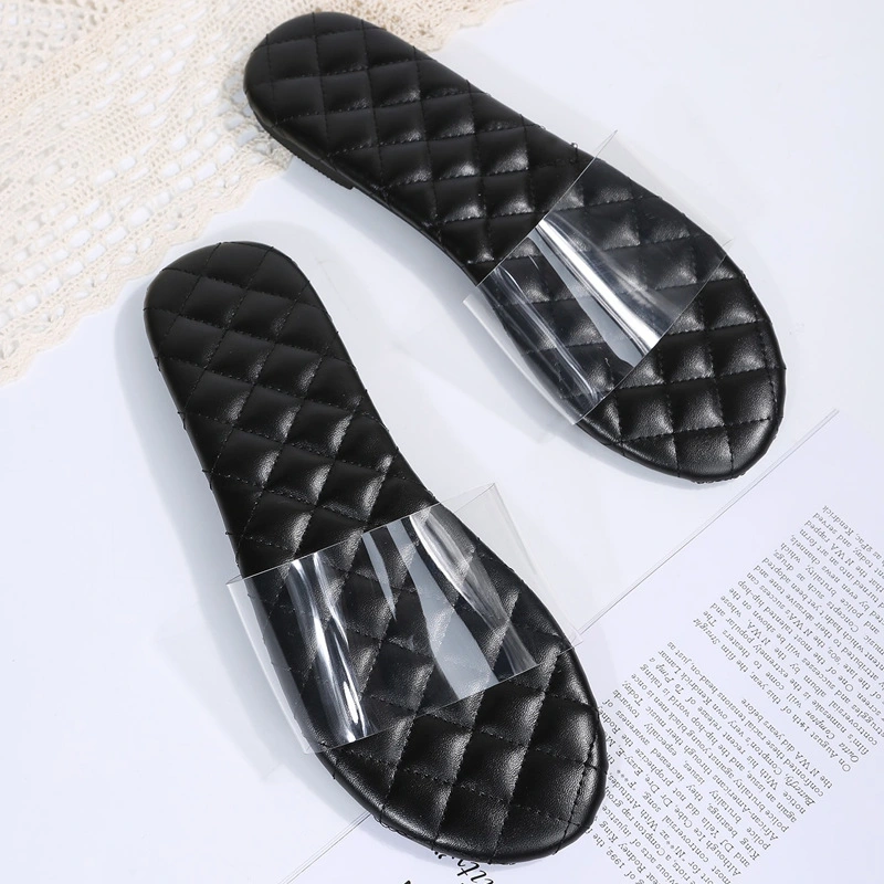 Women Slippers Flat Heel Transparent Upper PU Solid Insole Sewing Fashion Casual Slides Outdoor Ladies Shoes