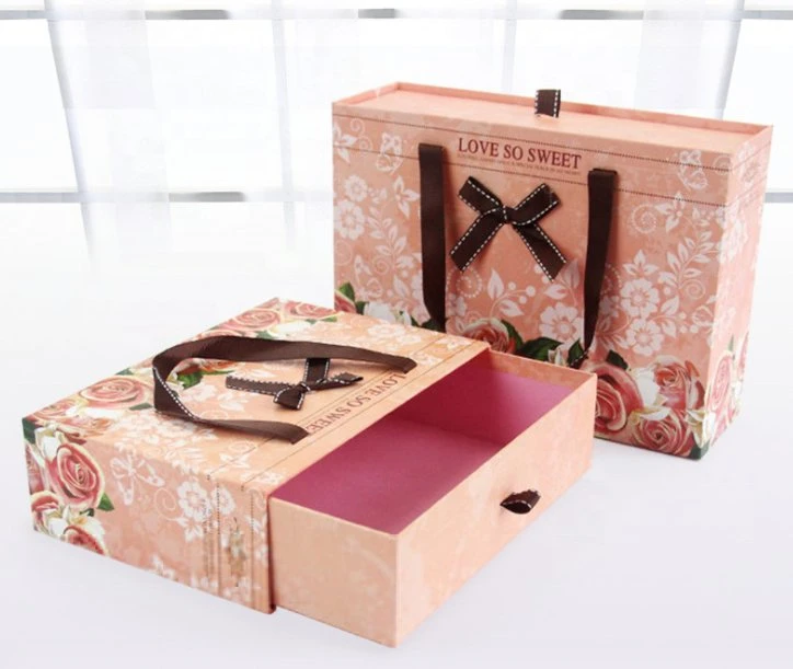 Customized Two Color Printing Ribbon Tie Decoration Drawer Box with Pull-out Tray for Tea