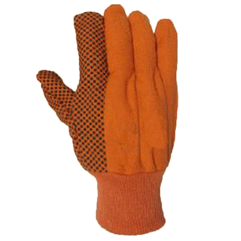 Hi-Vis Fluorescent Orange Cotton Canvas Men's Work Gloves Luvas Guantes with Black PVC Dots on Palm, Straight Thumb and Knit Wrist