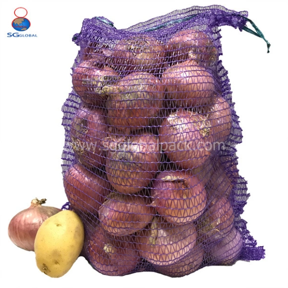 GRS SGS Approved Factory Wholesale Plastic Packaging Drawstring PE Polyethylene Produce Raschel Mesh Net Bags Sacks for Onion Potato Orange Lemon Cabbage