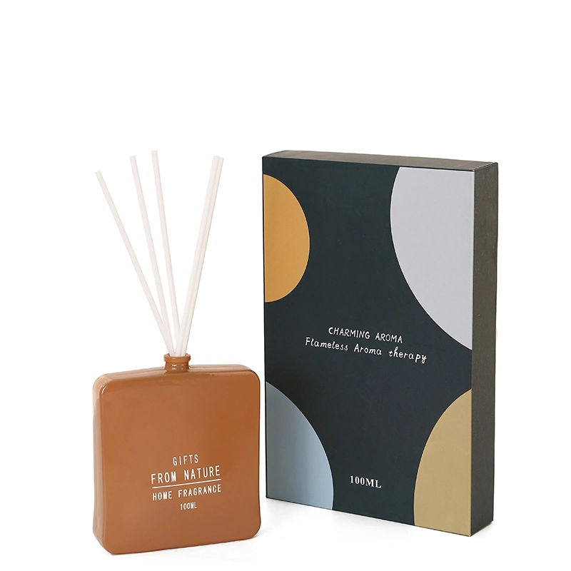 Custom 100ml Flat Ceramic Bottle Fragrance Reed Diffuser Home Decorative Gift Set