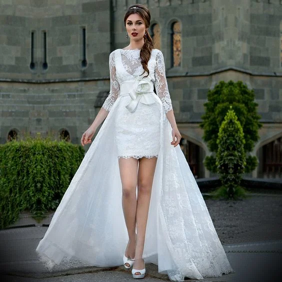 Long Sleeves Bridal Gowns V-Neck Lace Hi-Low Boho Beach Wedding Dress W342