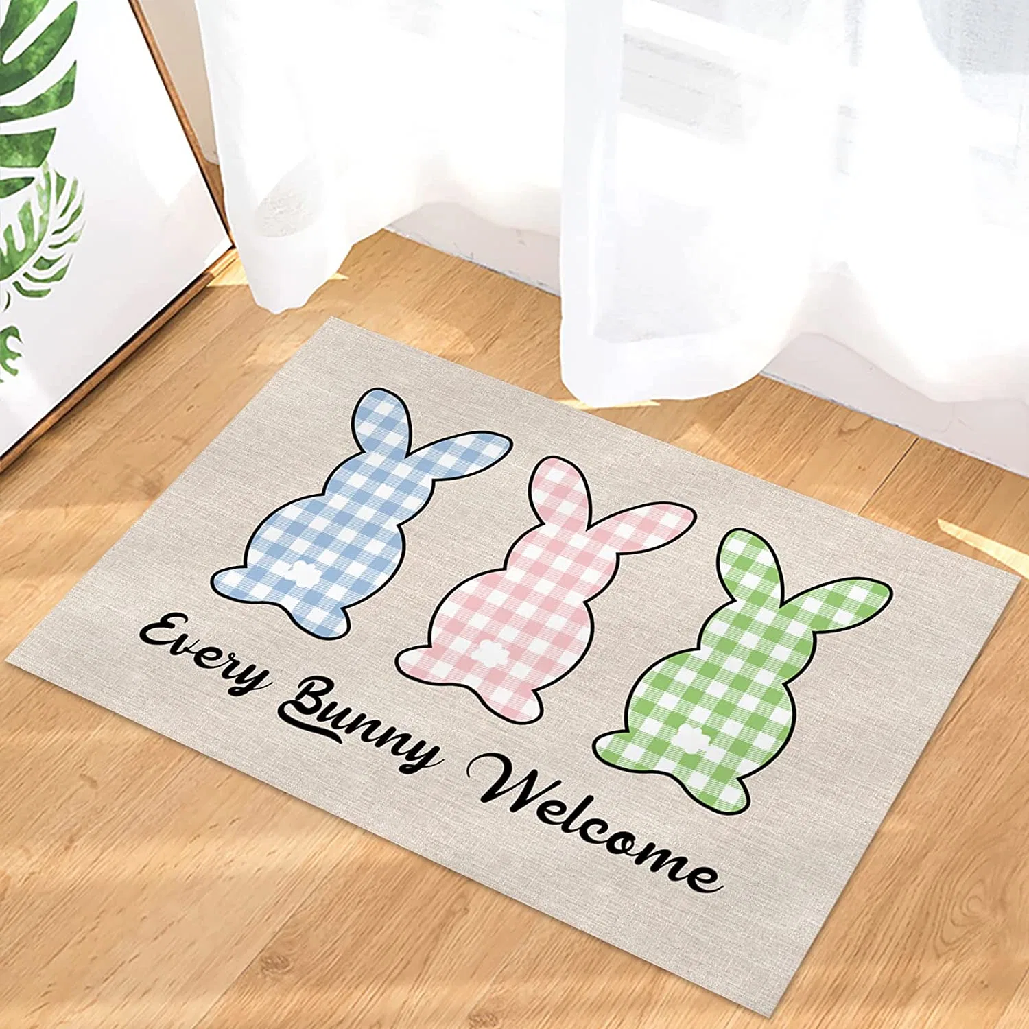 Plaid Rabbit Entrance Door Mat Happy Easter Bunny Low Profile Tradition Decor Welcome Mat Non-Slip Carpet Rugs Floor Mat