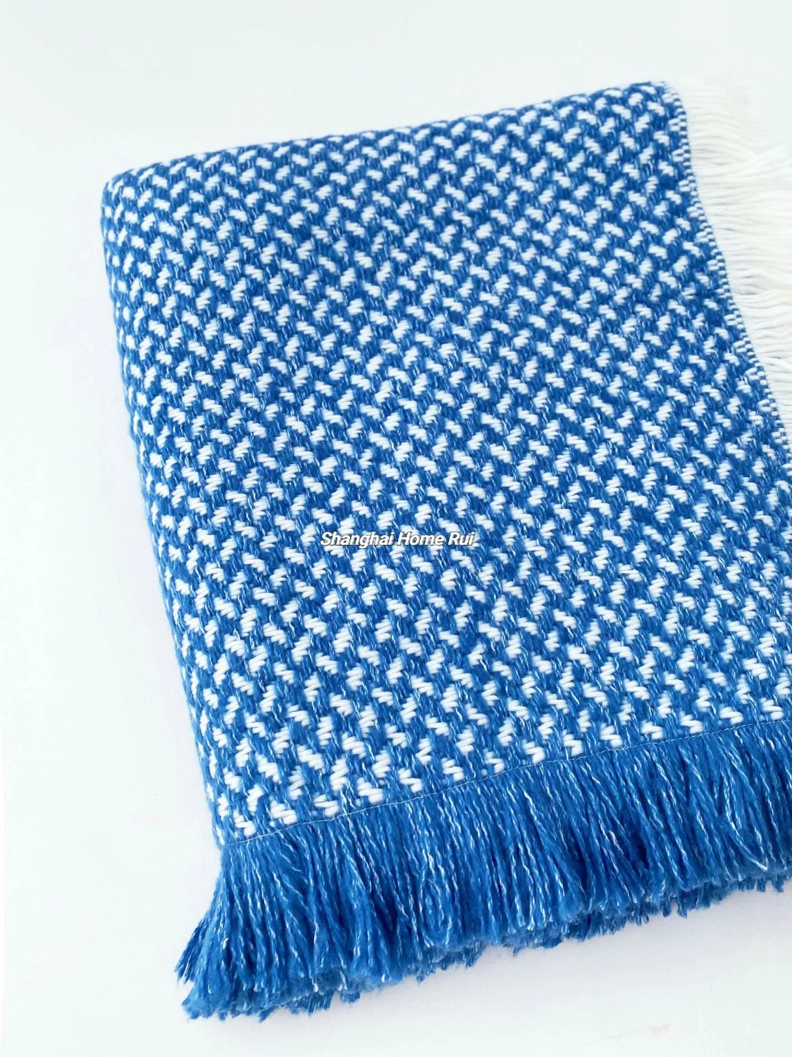 Home Outdoor Travel Bed Sofa Car Soft Warm Blue White Woven Self-Fringe Tassel Jacquard Geometric Throw Blanket Cover