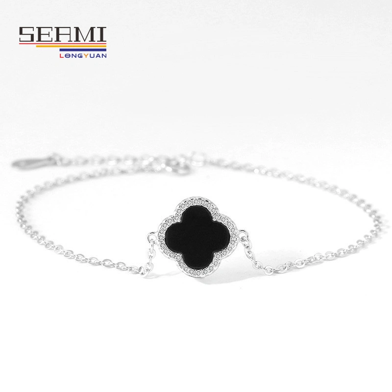 925 Sterling Silver Four Leaf Clover Agate Stone Zircon Simple Style Bracelet