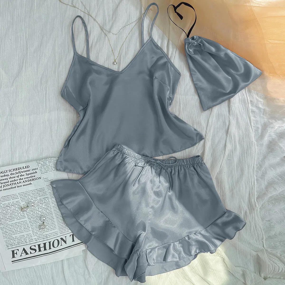 Silk Pajamas Women Summer Sexy Halter Vest Shorts Three-Piece Set Thin Women's Home Wear