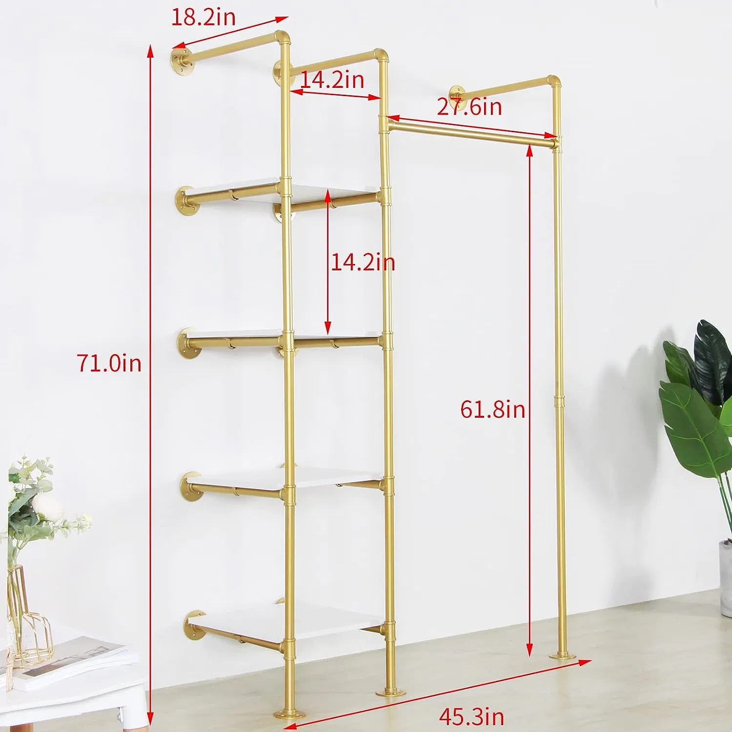 Garment Rack Heavy Duty Clothes Rack for Hanging Clothes Gold Industrial Pipe Clothing Rack with Shelves Closet Rods System