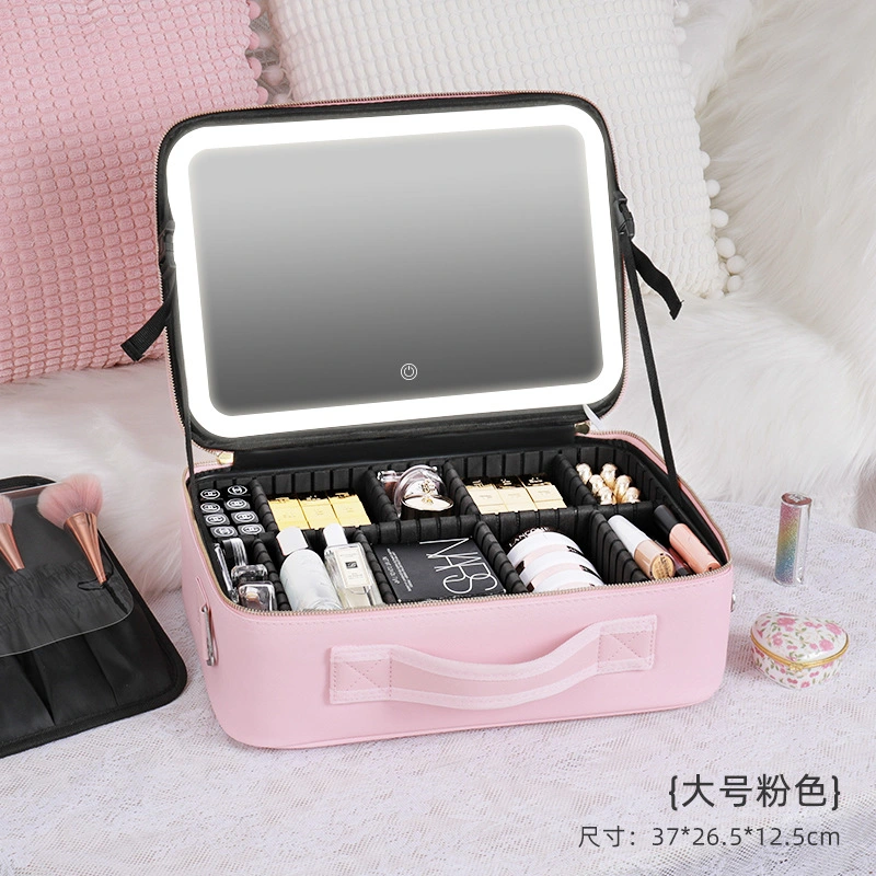 Travel Train Makeup Case with LED Mirror Multifunction Adjustable Brightness Beauty Box Storage Bag for Toiletry Gift Women