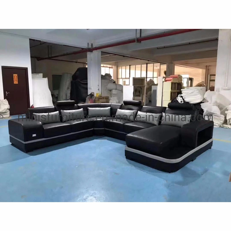 (MN-SF84) Chinese Foshan Modern Home Living Room Furniture Black Leather U Shape Sofa