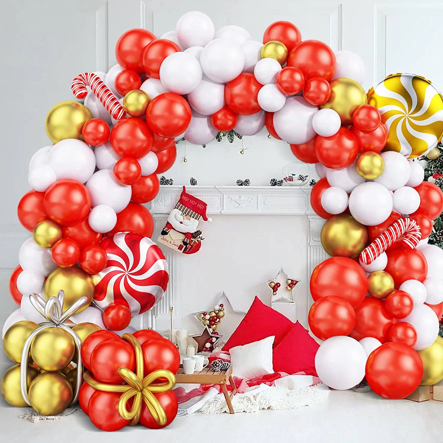 112PCS Red White Gold Christmas Balloon Garland Arch Kit with Gold Confetti Balloon Candy Cane Red Foil Balloon for Christmas New Year Party Decorations