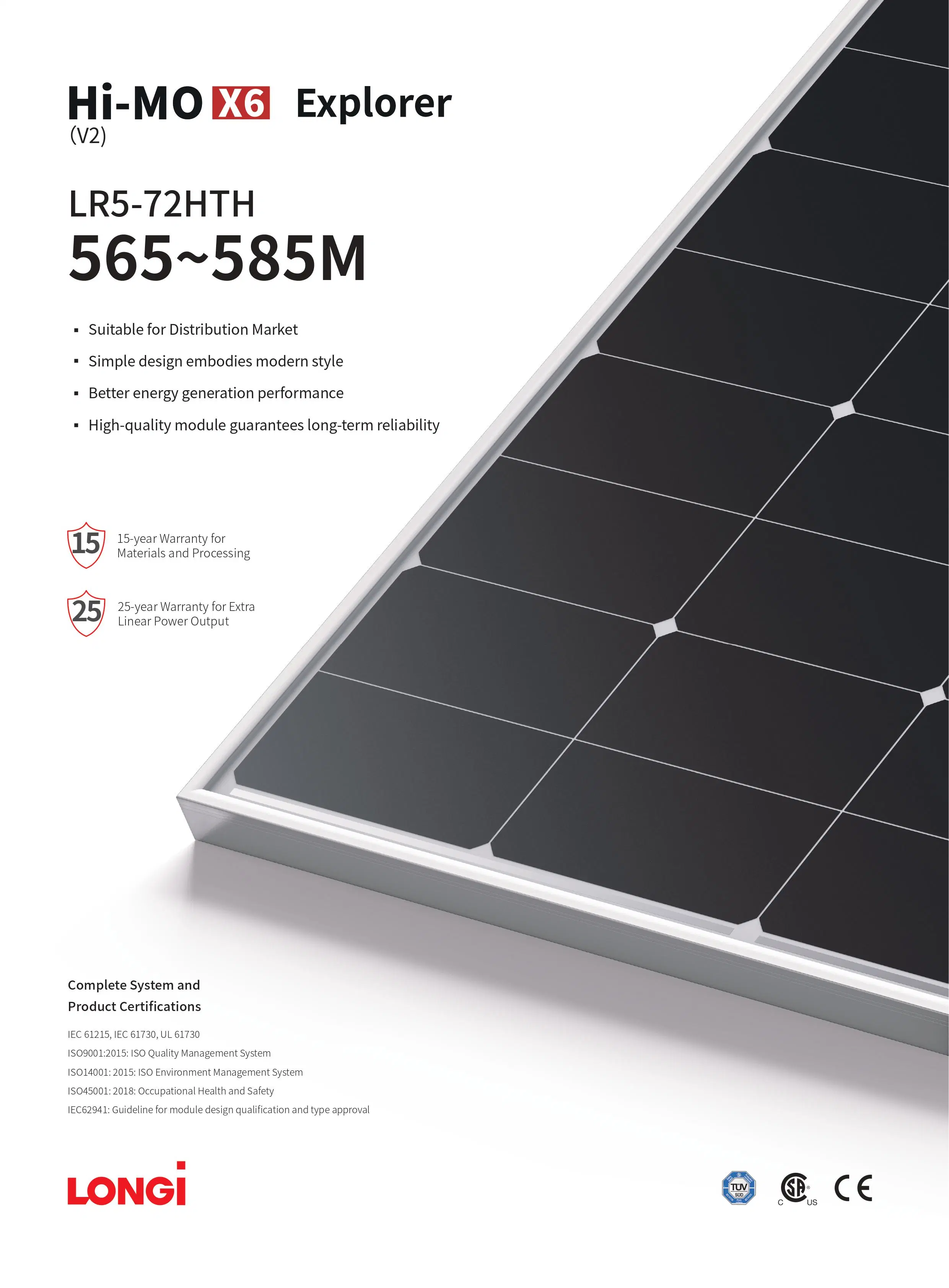 Longi/Mysolar Explorer Hi-Mo6 Lr5-72hth Explorer 565~585 м 565 Вт 570 Вт 575 Вт 580 Вт. Солнечная панель 585 Вт для домашней системы питания