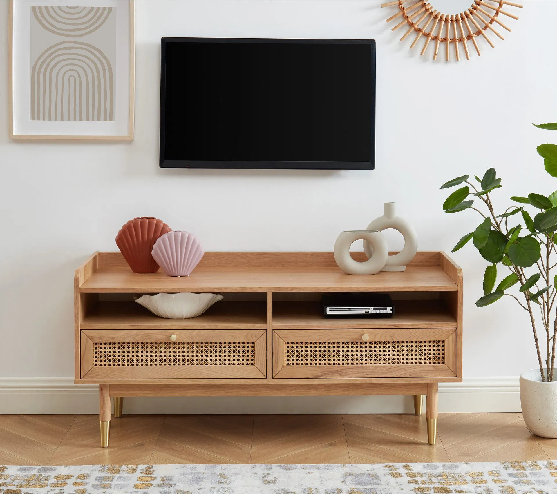 Mueble de TV de madera de color natural sólido de estilo nórdico retro de Nova Nordic con 2 cajones y armario de ratán natural