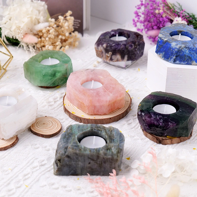 Semi Precious Stone Gemstone Natural Crystal Rose Quartz Candle Holder Ornament