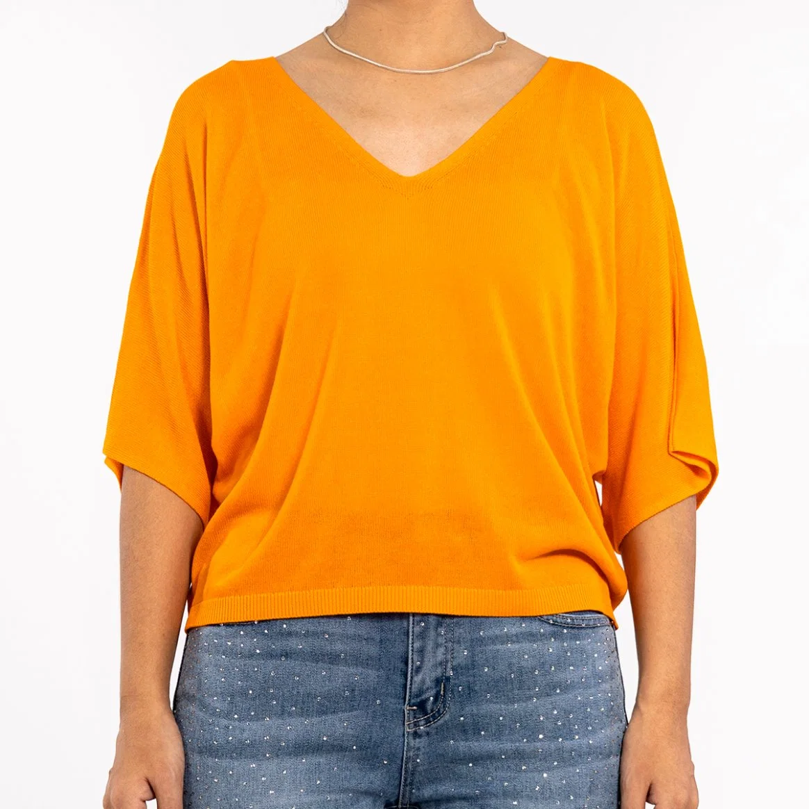 Summer Fashion Orange V-Neck Slim Lightweight Short Sleeve Sweater for Women