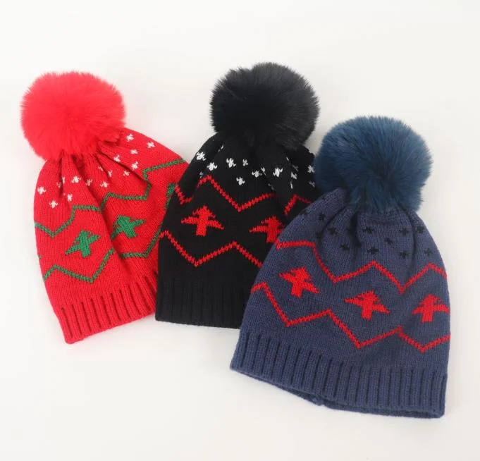 Wholesale/Supplier Warm Winter Hat Christmas Tree Children's Warm Wool POM Jacquard Knitted Skull Hat Beanie Cap Elastic