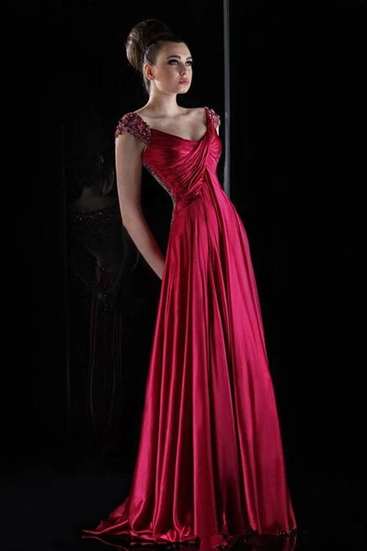 Crystal Stones Evening Dress Cap Sleeves Red Green Beads Party Prom Gown T20176