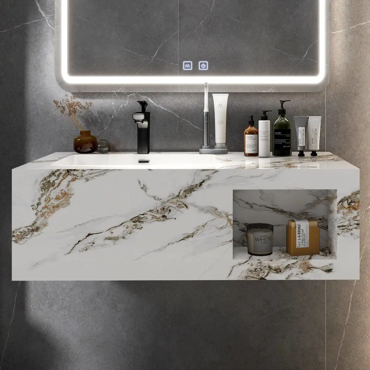 2023 New Bathroom Combined Cabinet Vanity Wall Hung Marble Wash Basin Artificial Sintered Stone Sink with Smart Mirror