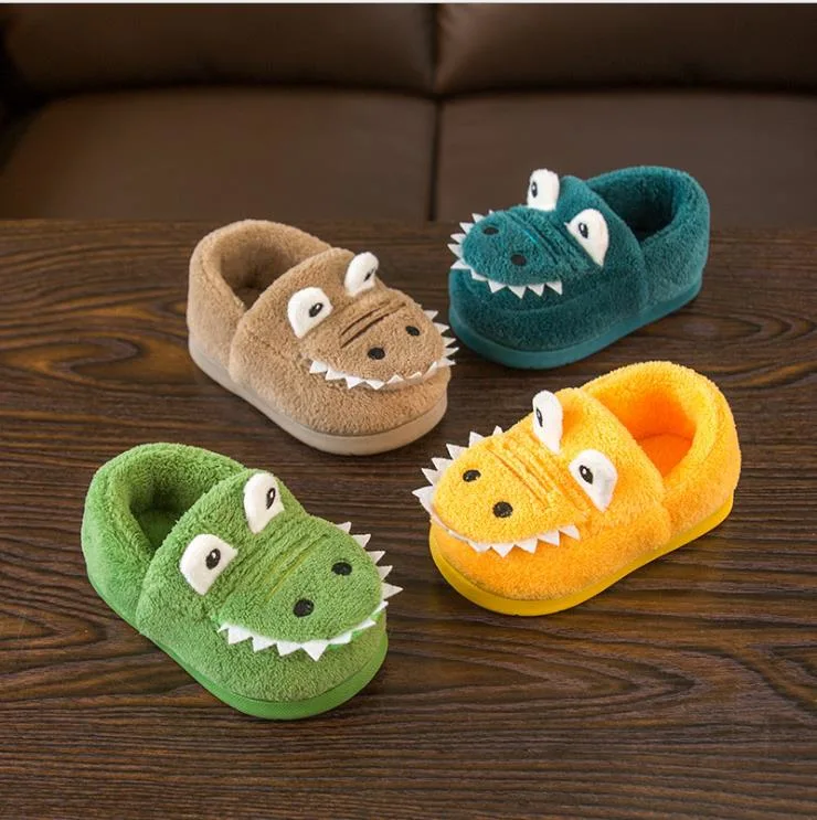 Girls Boys Home Slippers Warm Dinosaur House Slippers Toddler Fur Lined Winter Indoor Shoes Children&prime; S Plush Slippers