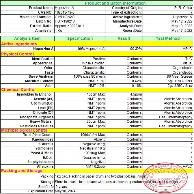 Herbway Fast Delivery Date Best Price Organic Chemicals Raw Materials Grade 99% Huperzine a CAS: 102518-79-6