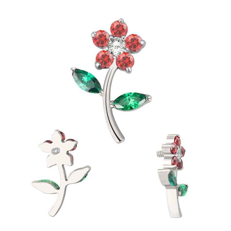 Gzn Newest Fashion G23 Titanium Piercing Jewelry CNC Set CZ Colorful CZ Flower 16g Internally Threaded Labret Top