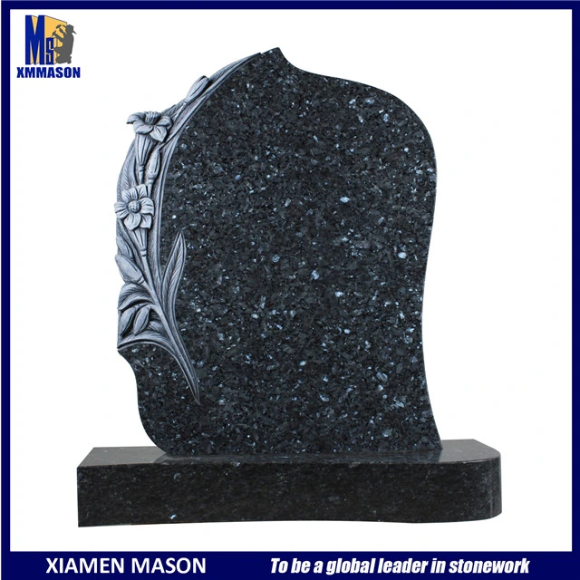 Bahama Blue Granite Gravestone with Antique Tree Trunk Sculpture