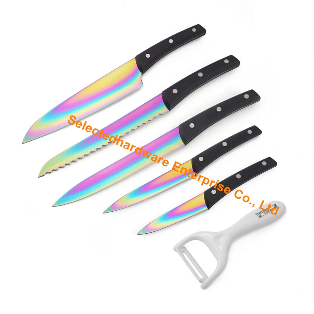 6-Piezas Cuchillo de cocina con el arco iris de la hoja de revestimiento de titanio