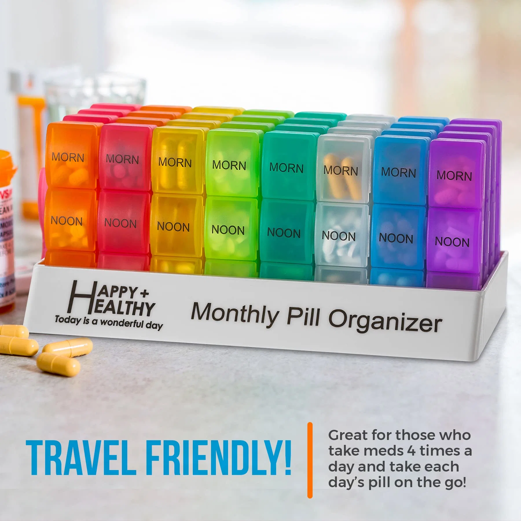 Month Pill Box Organizer - 4 Times-a-Day Morning-Noon-Evening-Night - Large 32 Daily Pill Cases Travel Monthly Pill Organizer