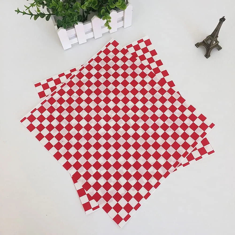 (12X12 inches) Red and White Checkered Sandwich Wrappers Grease-Proof Burger Food Basket Liners