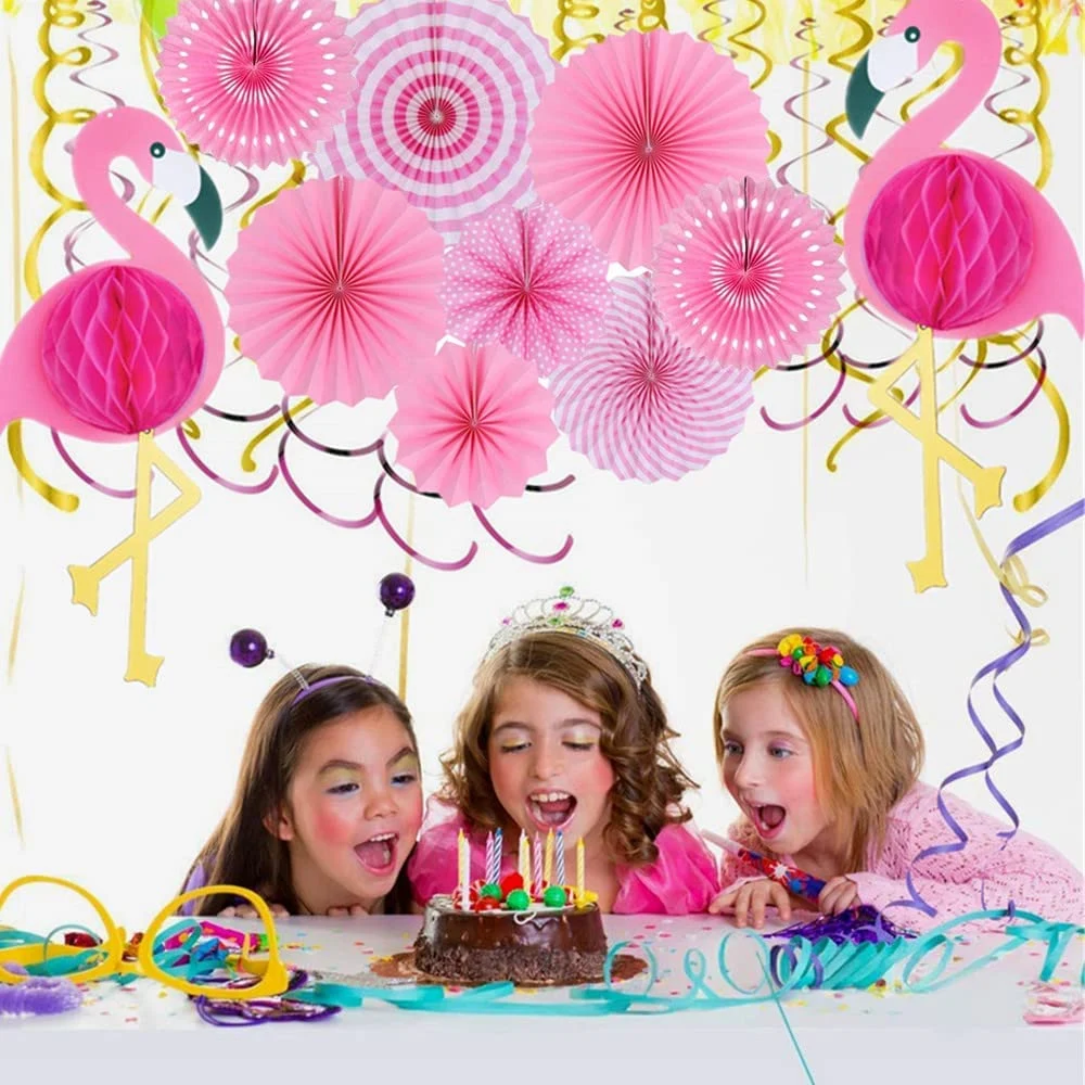 Tropical Pink Flamingo, suspensão de papel cor-de-rosa conjunto de 6, brilhante ouro Faixa feliz de aniversário e coroa Flamingo Flag para bebé de aniversário Chuveiro decoração festa