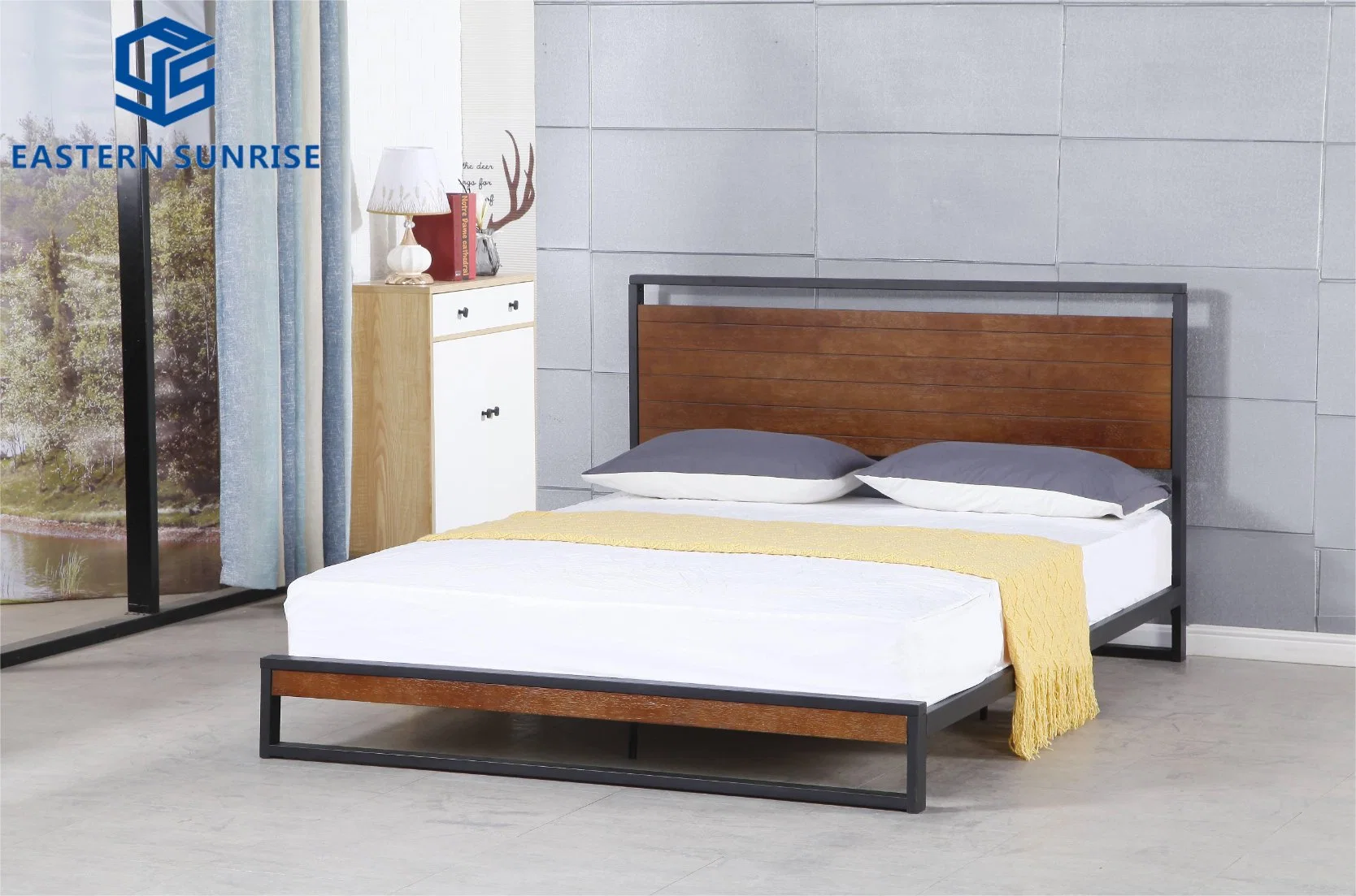 Modern Design Wooden Headboard and Metal Bed Frame Home Steel Bed
