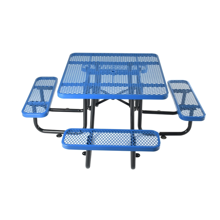 OEM 46" Outdoor Square Table and Chairs Set, Blue Camping Metal Picnic Table, Expanded Metal, with Umbrella Hole