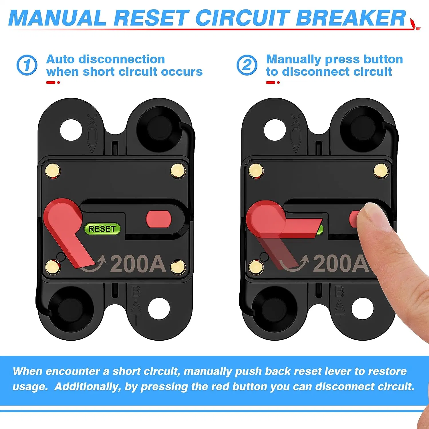 200 AMP disyuntor con interruptor de reinicio manual cubierta protectora de polvo para coches Marine Trling Motors Barco ATV camión RV batería Yaht, 12-32V DC