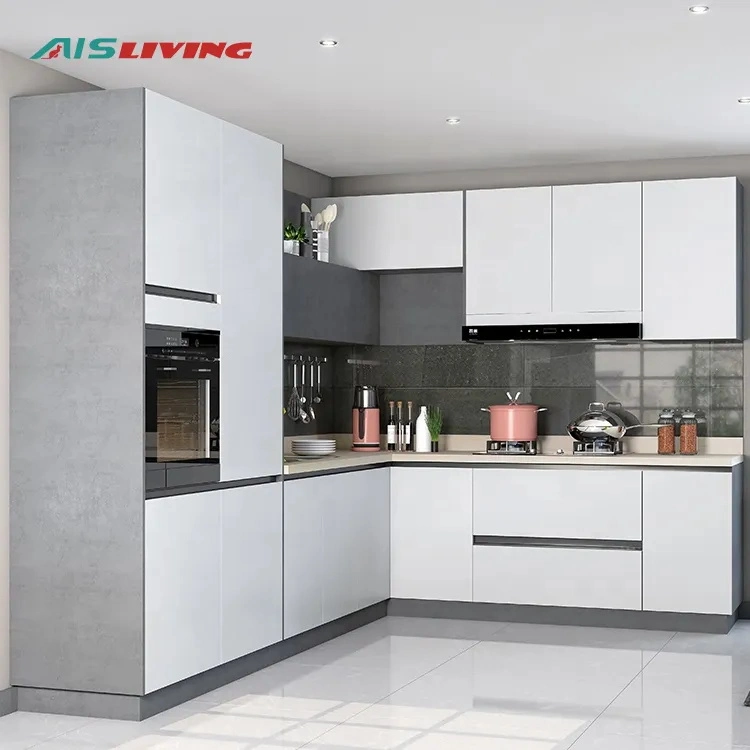 AIS Diseños modernos muebles de cocina personalizados asequibles de alta gama se utiliza en forma de L totalmente en blanco en pequeños armarios de cocina de melamina en China