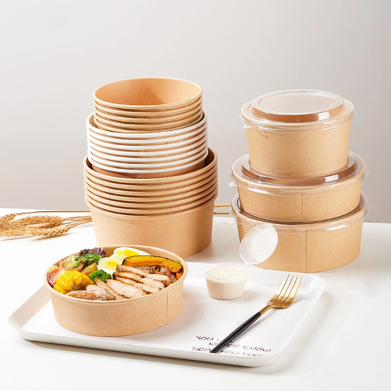 Papel biodegradable portátil Lunch Box contenedores de alimentos ecológicos desechables envases de alimentos Kraft Ensaladera con tapa